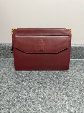 Vintage Cartier Must De Paris Bordeaux Red Leather Zip Toiletry Clutch Handbag
